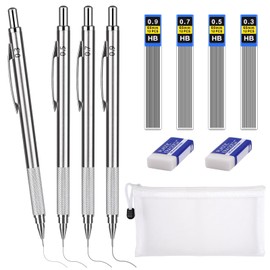 Tikplus Mechanical Pencil 0.3/0.5/0.7/0.9 mm, 4 Tubes (48 Pieces) Pencil Lead HB Lead Pencil and 2 Pieces Eraser, Metal Mechanical Pencil for Sketching, Drawing, Writing (Silver)