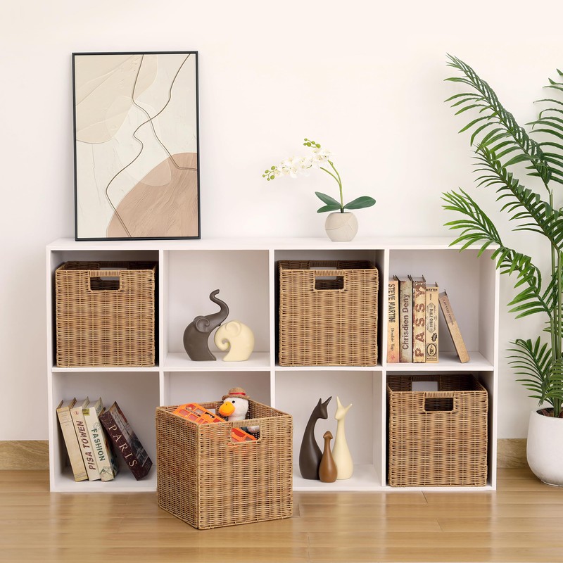 12x12x12inch Plastic Wicker Cube Baskets Large Square Foldable Handwoven Laundry