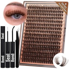 FANXITON Lash Clusters 320 Pzas Kit de Extensión de Pestañas Fluffy DIY Kit de Extensiones de Pestañas Natural Look Cluster Lashes D Curl 8-16 MM Mixed Lash Bond and Seal Lash Pinzas para Pestañas Kit DIY en Casa Juego de 322 piezas Marrón