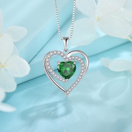 FJ Love Heart Emerald Necklace for Women 925 Sterling Silver May Birthstone Pendant Necklace Jewelry Gifts for Mom Wife Girlfriend Daughter
