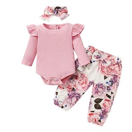 Aoswep Newborn Baby Girl Clothes Infant Girl Outfits Long Sleeve Ruffle Romper + Floral Pants + Headband Set (Red, 3-6 Months)