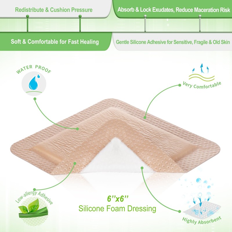 Silicone Adhesive Foam Dressing with Gentle Border 6''x6'', 10 Packs