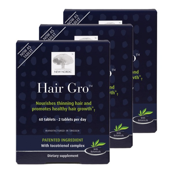 NEW NORDIC Hair GRO | Hair Growth Supplement Tablets | Biotin & Palm Fruit Extract Tocotrienols for Natural Regrowth | Swedish Made | 60 Count (Pack of 3)