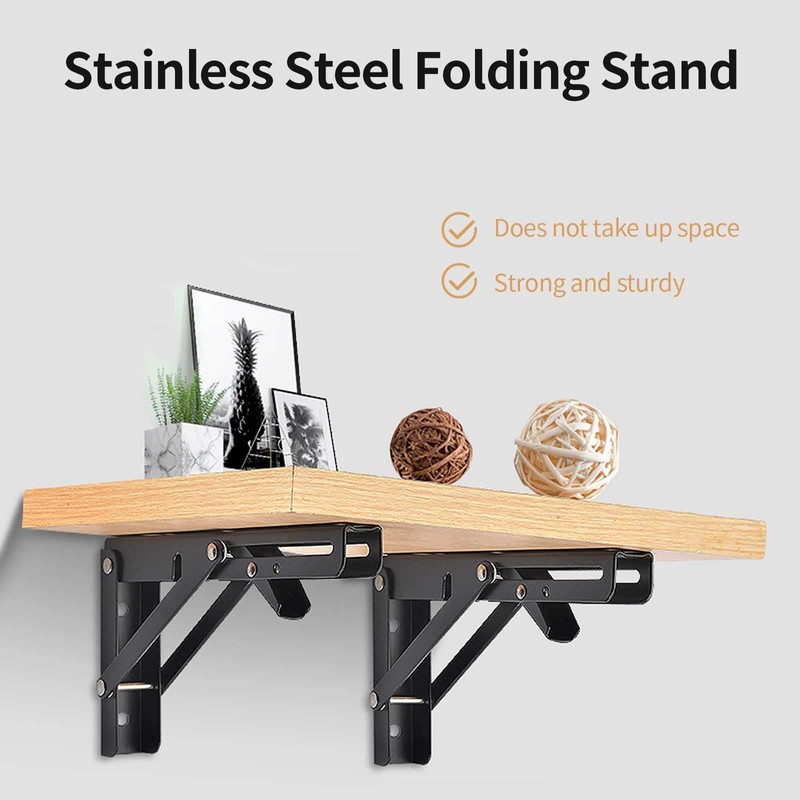 Folding Black Shelf Bracket, 10-inch Brackets for Shelves, Wall-Mounted Foldable