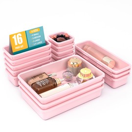 16 PCS Drawer Organizer Set, 4 Size Makeup Drawer Divider Organizer With Non-Slip Pads, Interlocking Plastic Storage Bins for Office,Jewelry Vanity,Gadgets, Bathroom,Kitchen, Pink