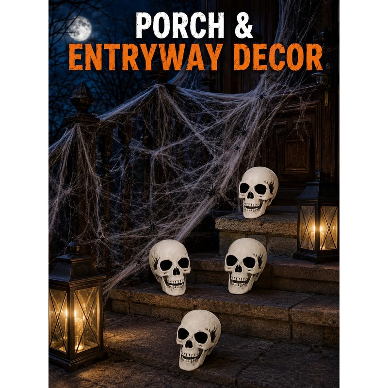 4 Pcs 5in Plastic Skulls Halloween Skeleton Cobweb 20 Spiders