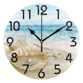 Naanle 3D Stylish Beautiful Summer Beach Seashell with Big Pearl Print Round Wall Clock Decorative, 9.5 Inch Battery Operated Quartz Analog Quiet Desk Clock for Home,Office,School