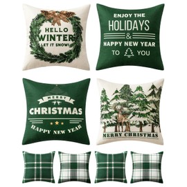 MIULEE Christmas Tree Reindeer Wreath Pillow Covers Dark Green Plaid Throw Pillow Covers Set of 4 Winter Holiday Cushion Case Decoration Farmhouse Modern for Sofa Couch Home Decor,18x18 Inch