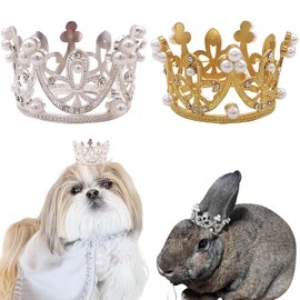 PET SHOW 2 piezas de corona de perro pequeño con diadema para fiesta de cumpleaños, plata y oro, diamantes de imitación, corona de perlas de imitación para niño y niña, accesorios para el cabello, accesorios para fotos, disfraz de perros medianos y grandes (S)