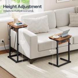 HOOBRO C-Shaped End Table with Charging Station, Adjustable Height Couch Table for Sofa Arm, Slide Under Small Tray Side Table for Small Space in Living Room, Bedroom, Rustic Brown BF71USF01