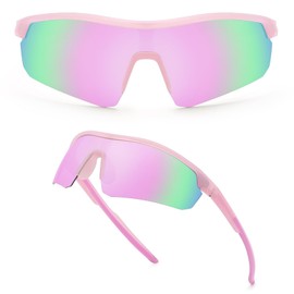 Karsaer B6012 Kids Sunglasses, Polarized Children's Sunglasses, Sports Sunglasses, Youth Sunglasses, UV Protection, For Baseball, Running, Softball, Cycling, 5-13 Years Old, Unisex, 007 Pink Frame &