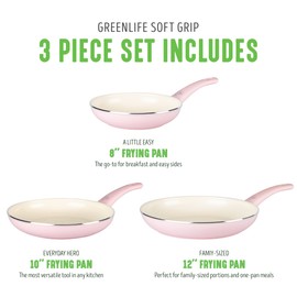 GreenLife Soft Grip Healthy Ceramic Nonstick, 8" 10" and 12" Frying Pan Skillet Set, PFAS-Free, Dishwasher Safe, Soft Pink