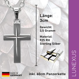 Lunexus 925 Sterling Silver Cross Necklace with 60 cm Curb Chain - Blessed - Elegant Cross for Men and Women with Velvet Bag Gift for Communion Confirmation Christening Religious Occasion