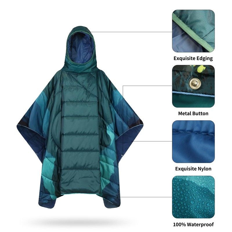 hotkoko Poncho Blanket Outdoor Wearable Camping Blanket Hoodie Waterproof