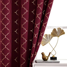 Full Blackout Curtains Thermal Insulated Drapes 84 Inch Long for Bedroom, Burgundy Red Drapery with Gold Geometric Pattern Room Darkening Grommet Window Curtain for Living Room, 2 Panels