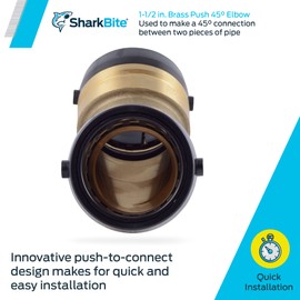SharkBite 1-1/2 Inch 45 Degree Elbow, Push to Connect Brass Plumbing Fitting, PEX Pipe, Copper, CPVC, PE-RT, HDPE, UXL0541