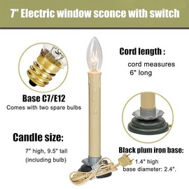 Four 7-inch Electric Window Candles with Dark Green Bases and 7W Bulbs, Perfect for Christmas. On/Off Switch Included for Easy use in Home Holiday displays.