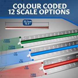 Stylo Aluminum Architect Scale Ruler - 30cm Ruler Laser Etched Triangle Drafting Ruler with Colour Coded Grooves for Blueprint, Drafting - Architectural Scale Ruler for Blueprint (Grey, Metric Units)