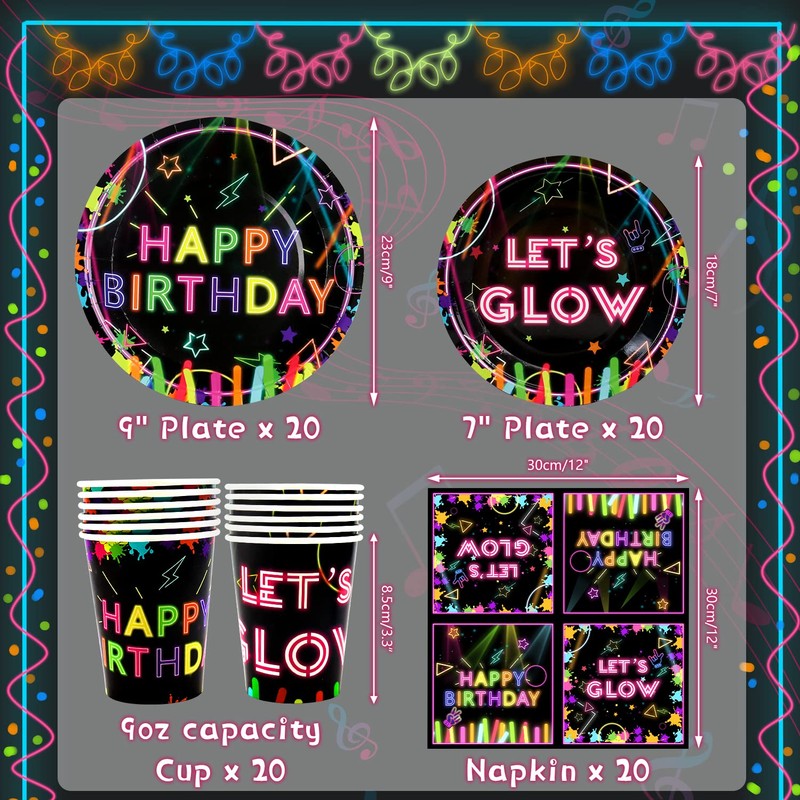 Glow Neon Party Tableware Supplies Serves 20 - Includes Plates,