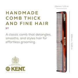 Kent 5T - Peine de doble diente de 6.6 pulgadas, diente fino y ancho para cabello, barba y bigote, peinado y aseo - grueso y fino para hombres, mujere