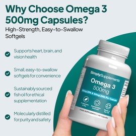 Omega 3 500mg | Supports Heart, Brain & Eye Health | Small, Easy-to-Swallow Softgel | Sustainably Sourced & Molecularly Distilled Fish Oil | 180 Softgel Capsules | UK-Made