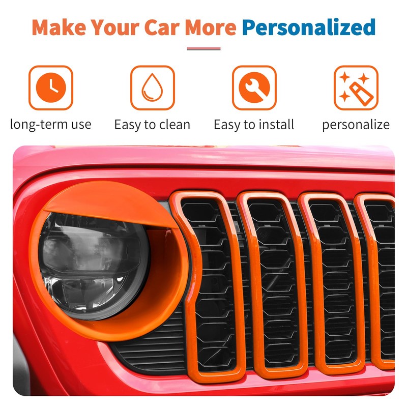 JeCar 9pcs Orange Grill Inserts Headlight Covers Trim Kit for