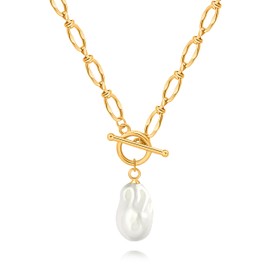 CANEVINKA 18K Gold Plated Baroque Pearl Pendant Necklace Toggle Clasp Chunky Link Chain Necklace Elegant Pearl Jewelry for Women
