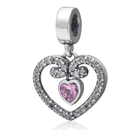ICYROSE Solid 925 Sterling Silver Dangling Crystal Heart w/Small Pink Cz Heart Charm Bead 3483 for European Snake Chain Bracelets