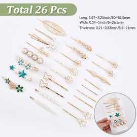 SOFPLATE 1 Box 26Pcs Gold Hair Clips Set Flower Hair Barrettes Green Leaves Pearl Cute Bobby Pins Metal Spring Themed Headwear Accessories for Women Long Short Headwear Decoration DIY Jewelry Clamps