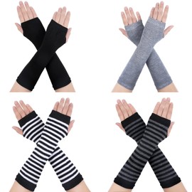 4 Pairs of Fingerless Winter Gloves, Long Fingerless Rave Fingerless Arm Warmers Long Arm Warmers with Finger Holes for Women Men Children, Black, light grey, black and white stripes, black-grey