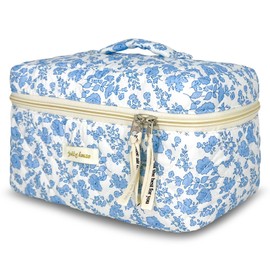 TOPALL Makeup Bag,Cosmetic Bag,Floral Cotton Quilted Makeup Bag,Classic Toiletry Bag,Cosmetic Pouch,Makeup Bag for Women Girls,Blue Flower 1PCS(Large)