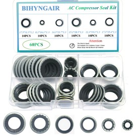BIHYNGAIR 60 Pcs AC Compressor Seal Kit, Air Conditioning Compressor Port Seal Washer Kit, 6 Types A/C System Compressor Gasket Seals Assortment Kit,AC Seal Replacement Kit