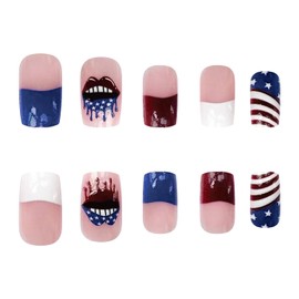 July 4 Day Press on Nails Medium Square Red White Blue Tricolor Design Full Cover French False Nails Charm Lips Flag Fake Nails Artificial Acrylic Nails Glue on Nails for Women Independence Day