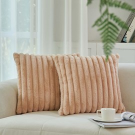 Decorelia Beige Furry Throw Pillow Cover for Bed, Chair, Pack of 2, Boho Decorative Throw Pillow Cushion Covers, Aesthetic Farmhouse Couch Pillow Covers for Living Room, Bedroom(Beige, 18x18 Inch)