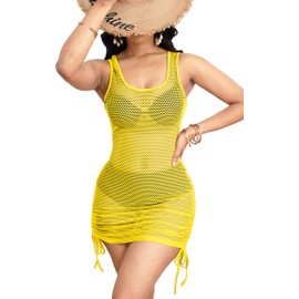 sexycherry Women's Elegant Swimwear Cover Ups Bodycon Tank Bikini Swimsuit Sleeveless Sterchy Mesh See Through Beachwaer with Drawstrings