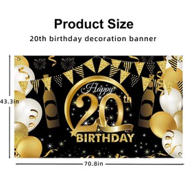 DOKLY 20th Happy Birthday Backdrop Banner, 20th Birthday Party Decoration Background, Black Gold Birthday Banners Supplies for Indoor Outdoor Photo Booth Props Children Men Women (70” x 43”)