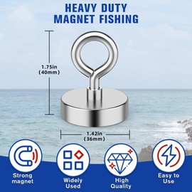 FINDMAG Neodymium Fishing Magnets, 150lbs Pulling Force Rare Earth Magnet with Countersunk Hole Eyebolt,Magnetic Fishing for Retrieving in River,Lake,Beach -1.42Inch (36mm)