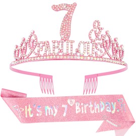 Hapdoo 7th Birthday Decorations for Girls Set - Happy 7th Birthday Princess Crown and Glitter Sash, 7 Year Old Girl Tiara Party Decorations Supplies Outfit Accessory Gifts