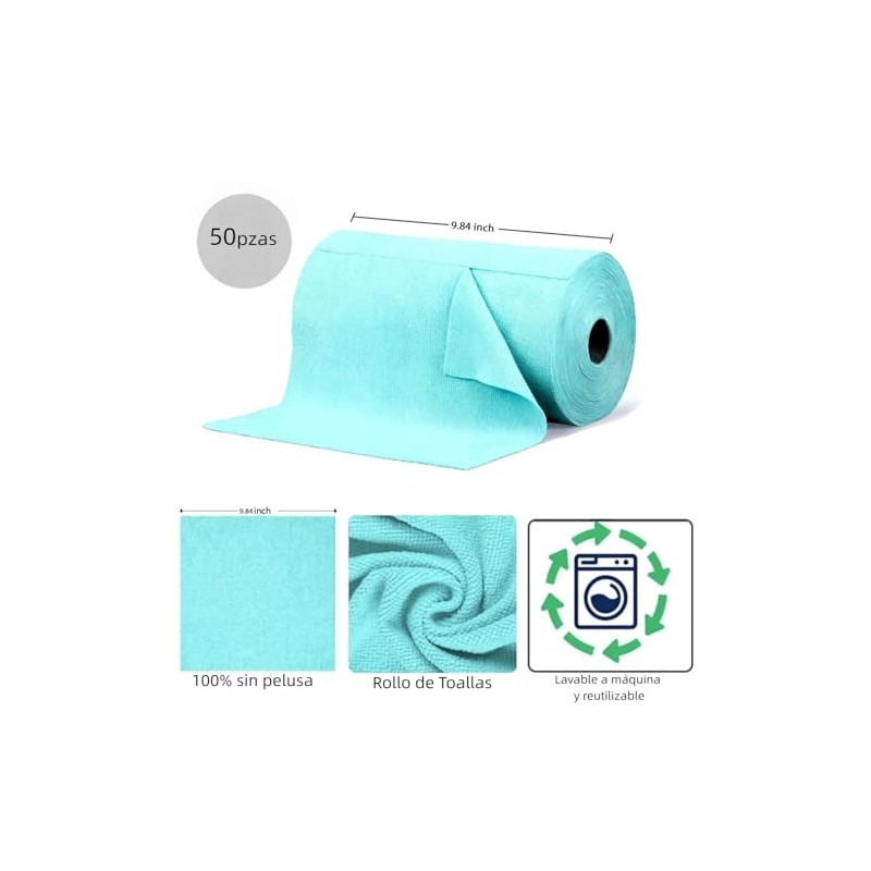 TOAO Rollo de Toallas de Microfibra, 50 Paños Reutilizables de