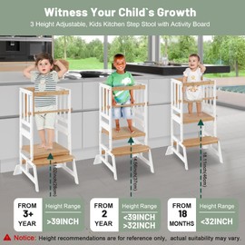 COSYLAND Toddler Standing Tower - Adjustable Height Toddler Kitchen Stool Helper - Kids Kitchen Step Stool for Learning with Removable Safety Railing White&Natural