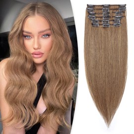 Benehair Handmade Silky Soft Clip in Hair Extensions Real Human Hair, 100% Remy Long Straight Clip in Hair Extensions for Women, #06 Light Brown Hair Extensions Clip ins 80g/pack 8pcs 18 Inch