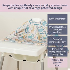 CoolaPeach 2Set Feeding Bibs Long Sleeve Baby Bib - Mess-Proof Feeding Bibs for Babies - Adjustable, Waterproof, and Highchair/Table Attachment,Fits Ages 6-24 Months(Elephant)