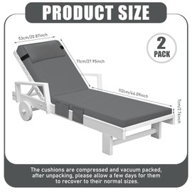 Tondiamo 2 Set Outdoor Chaise Lounge Cushions with Pillows and Storage, 72 x 21 x 3 Inch Outdoor Lounge Chair Seat Pads Outside Waterproof Chaise Cushion for Lawn Patio Furniture(Dark Gray)
