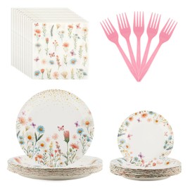 96 Pcs Wildflower Party Supplies,Disposable Tableware Set,Include Plates Forks and Napkins,Floral Paper Plates Set for Summer Spring Birthday Baby Shower Wedding,Serves 24