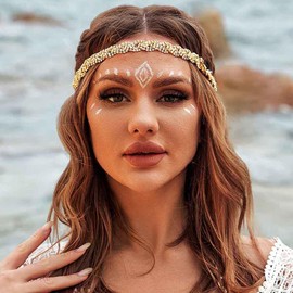 Elastic Head Chain Shiny Rhinestone Headband Women's Hair Band Vintage Metal Hair Band Elegant Head Chain for Women (Gold, 45.5 cm)