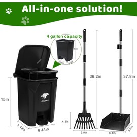 Uppcasir Dog Poop Trash Can Outside with Pooper Scooper, 20L/5Gal Dog Waste Trash Can with Lid, Pedal and Removable Inner Bin, Pet Poop Bin with Metal Rake & Tray and 100 Bags