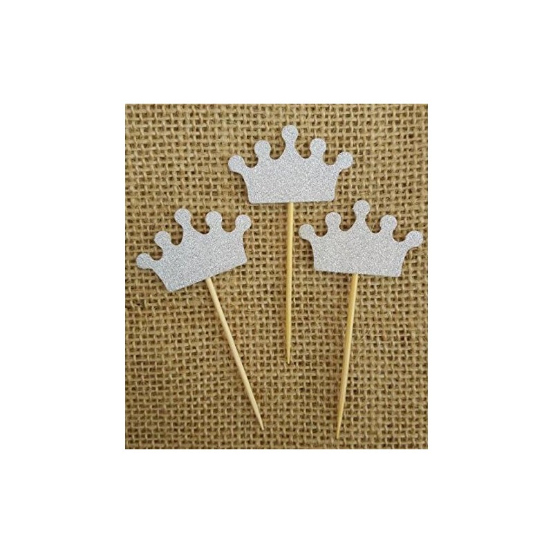Shiningparty 25 Pack Silver Glitter Crown Cupcake Toppers for Birthday