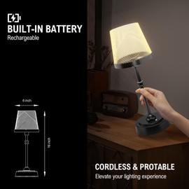 Cordless Table Lamp, Rechargeable LED Desk Lamp, 6000mAh Battery Operated Lamp, 3 Color Stepless Dimming, Portable Touch Lamp, Bedside Table Lamp for Living Room Bedroom Restaurant Night Light, Black