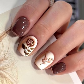 Fall Press on Nails Thanksgiving Short Square Fake Nails with Designs Rose Floral Wheat Heads Leaves Brown Glue on Nails 24 Pcs Reusable Acrylic Nail for Women WYFHDT