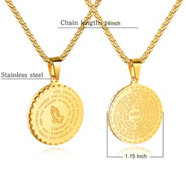 Rehoboth Stainless Steel Coin Medal Our Father Lord's Prayer Pendant Necklace for Women Men Praying Hands Coin Medal Pendant 24 Inch Chain Gold